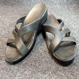 Croc Size 7 Black Meleen Twist Low Heel Wedge Sandals Slip On Comfort Slides